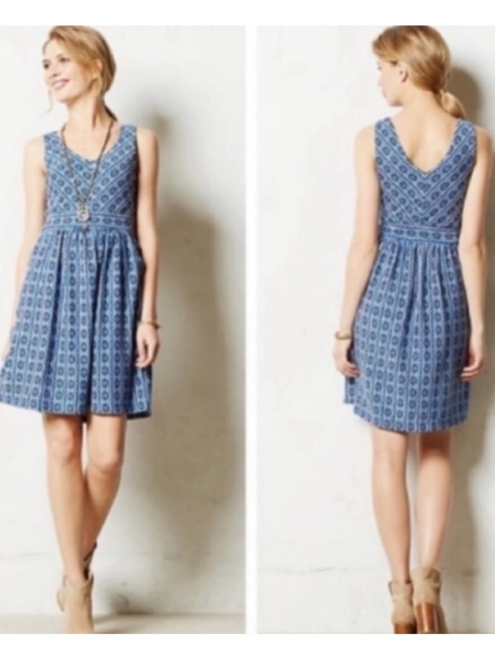 Anthropologie Maeve Blue Ikat Print fit and flare dress size 0